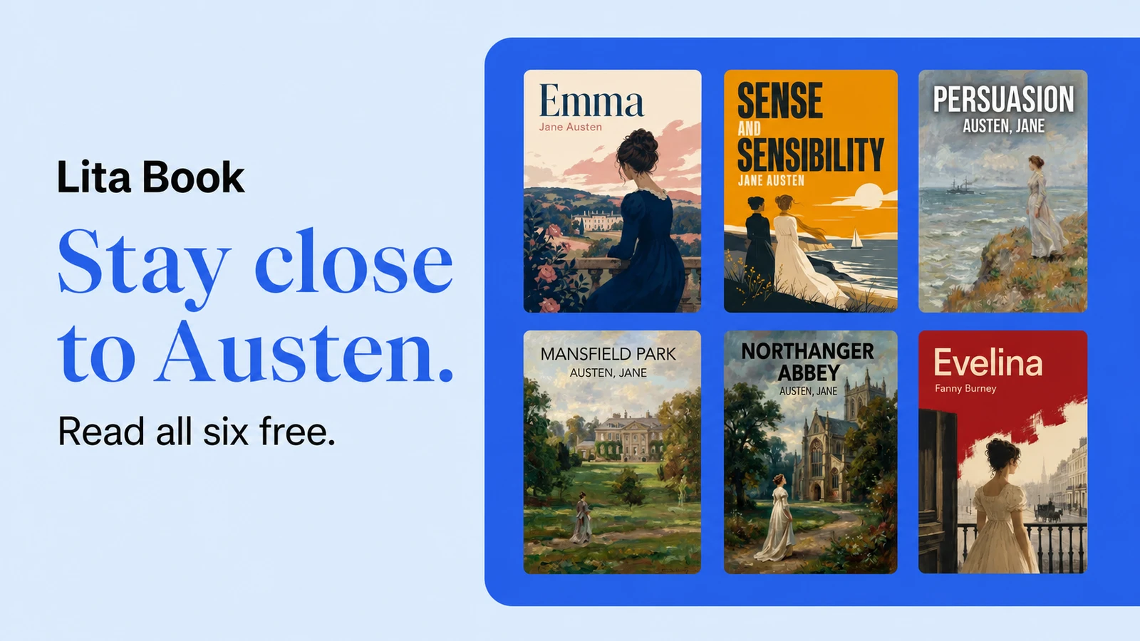 Lita Book banner showing Emma, Sense and Sensibility, Persuasion, Mansfield Park, Northanger Abbey, and Evelina