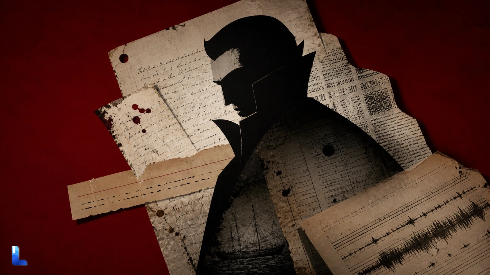 Torn Victorian records converge into the black silhouette of Count Dracula on a deep red field