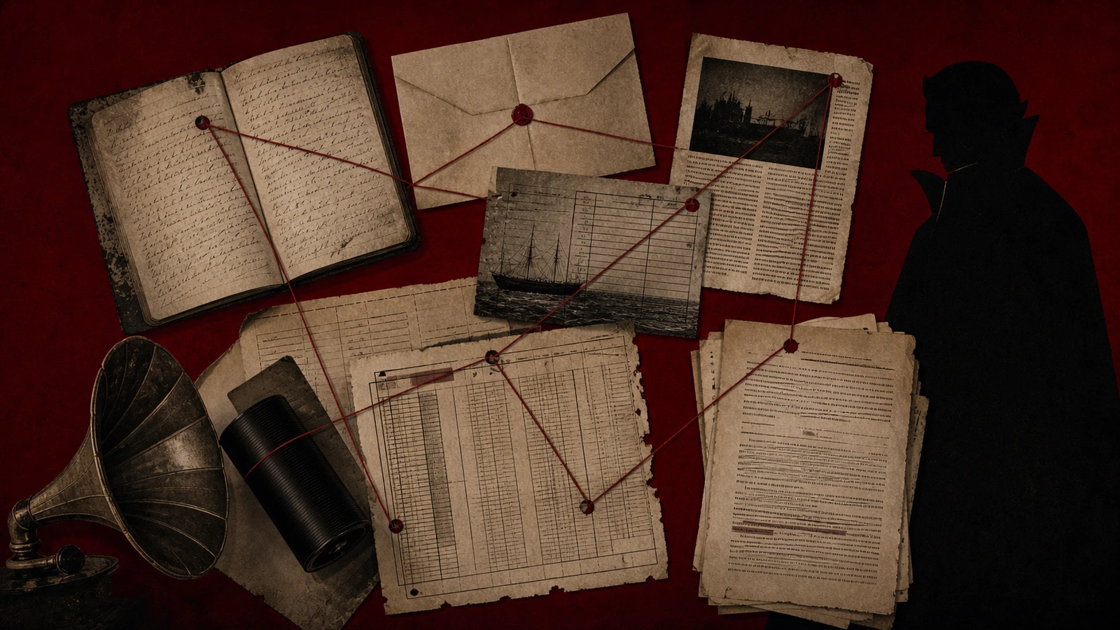 Victorian diaries, telegrams, newspapers, ship records, and phonograph recordings joined by red thread beside Dracula’s silhouette