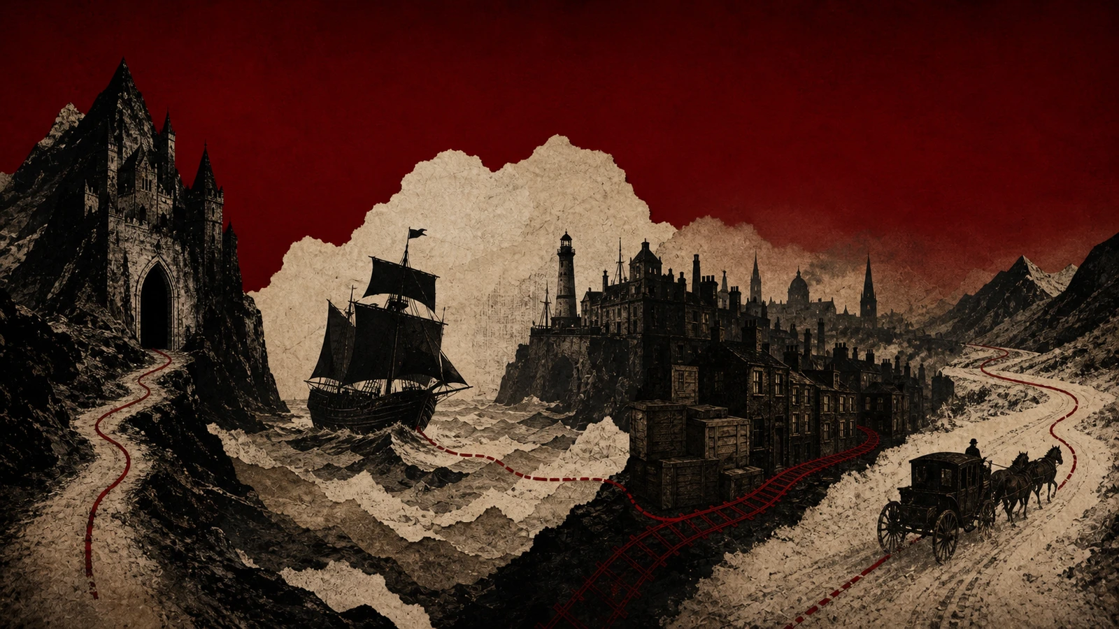 A red route crosses Dracula’s castle, the Demeter at sea, London houses, and a carriage returning to the Carpathians