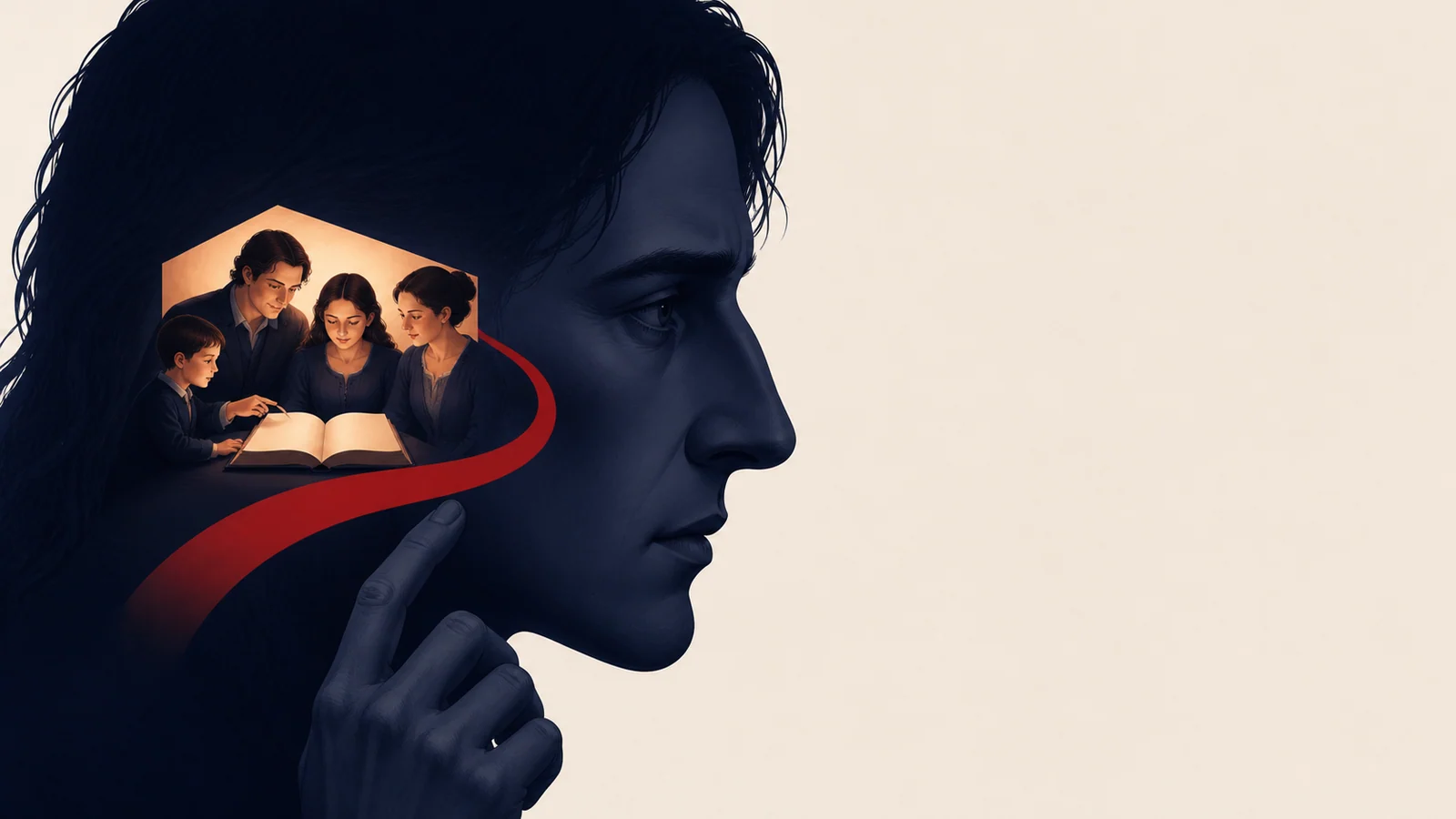 The Creature imagines the De Lacey family reading together as a red ribbon carries their lesson toward him