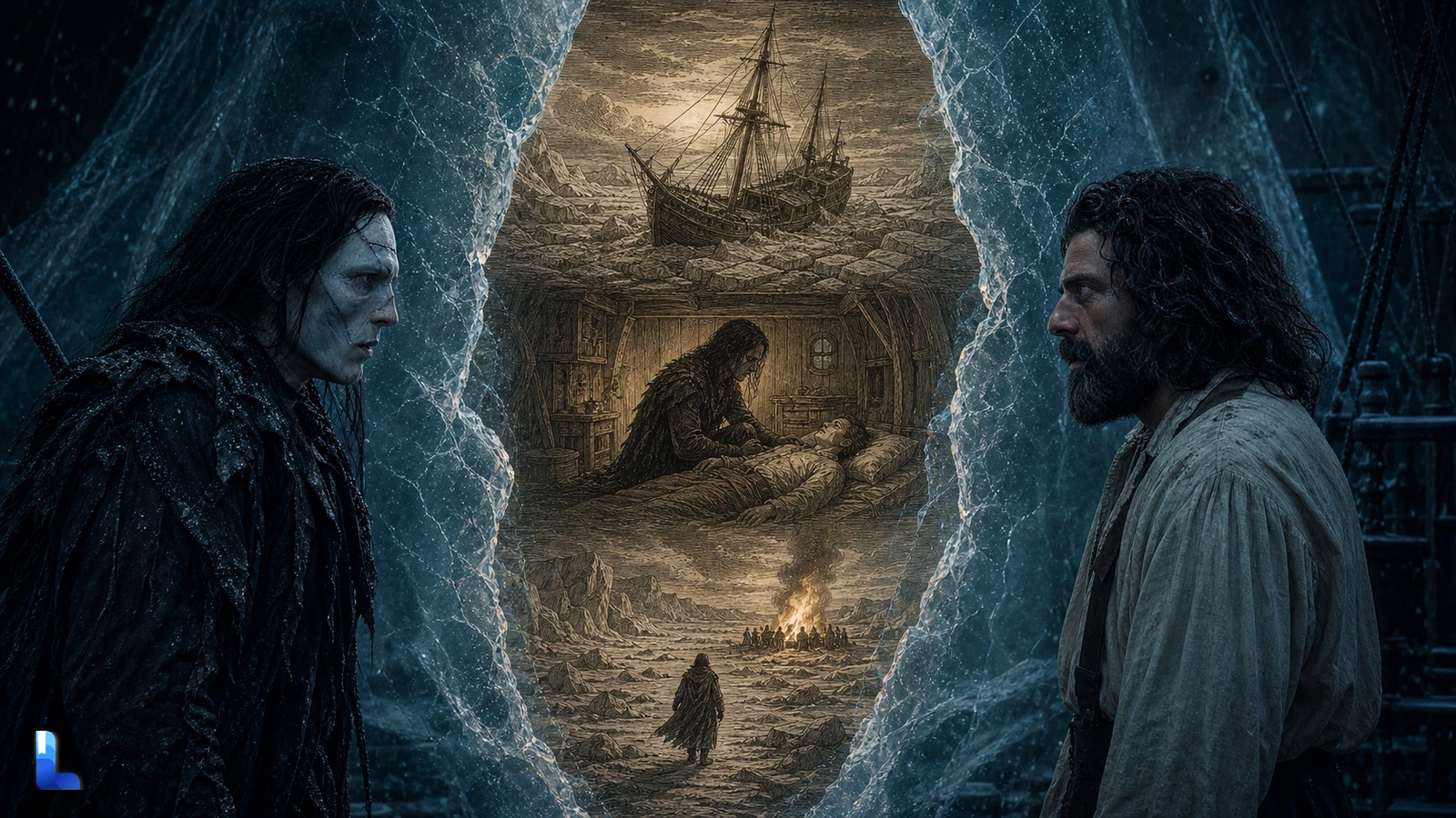 Victor and the Creature facing each other across a glacier fissure that reveals an engraved Arctic ship and the novel’s final scenes