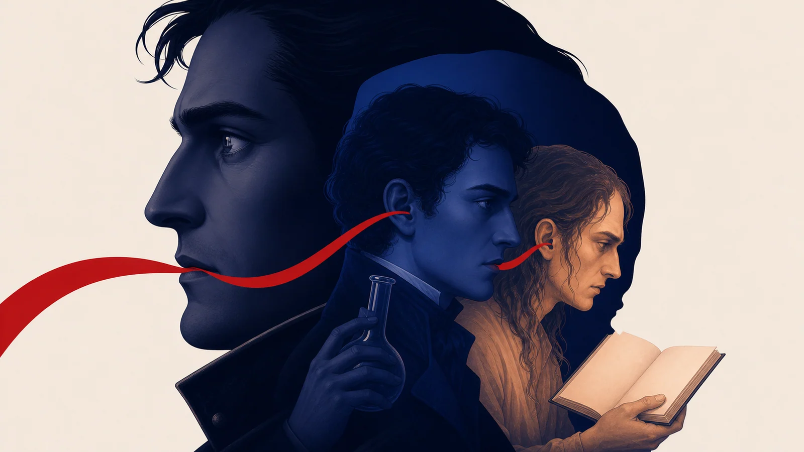 Nested profiles of Walton, Victor, and the Creature are connected by a red ribbon passing from each speaker to the next listener