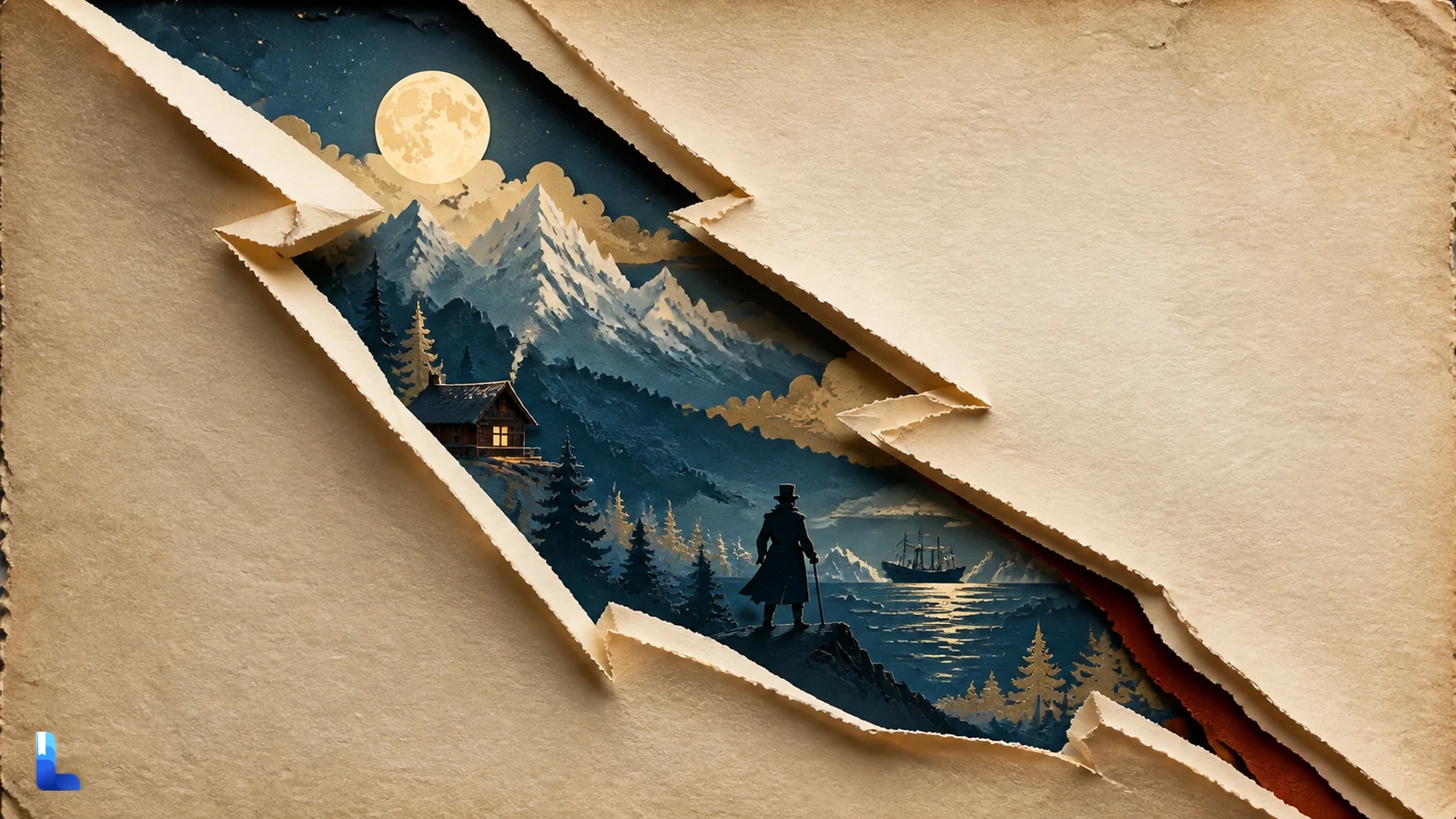 A lightning shaped tear in an aged manuscript revealing Alpine mountains, a cottage, a traveler, and an Arctic ship
