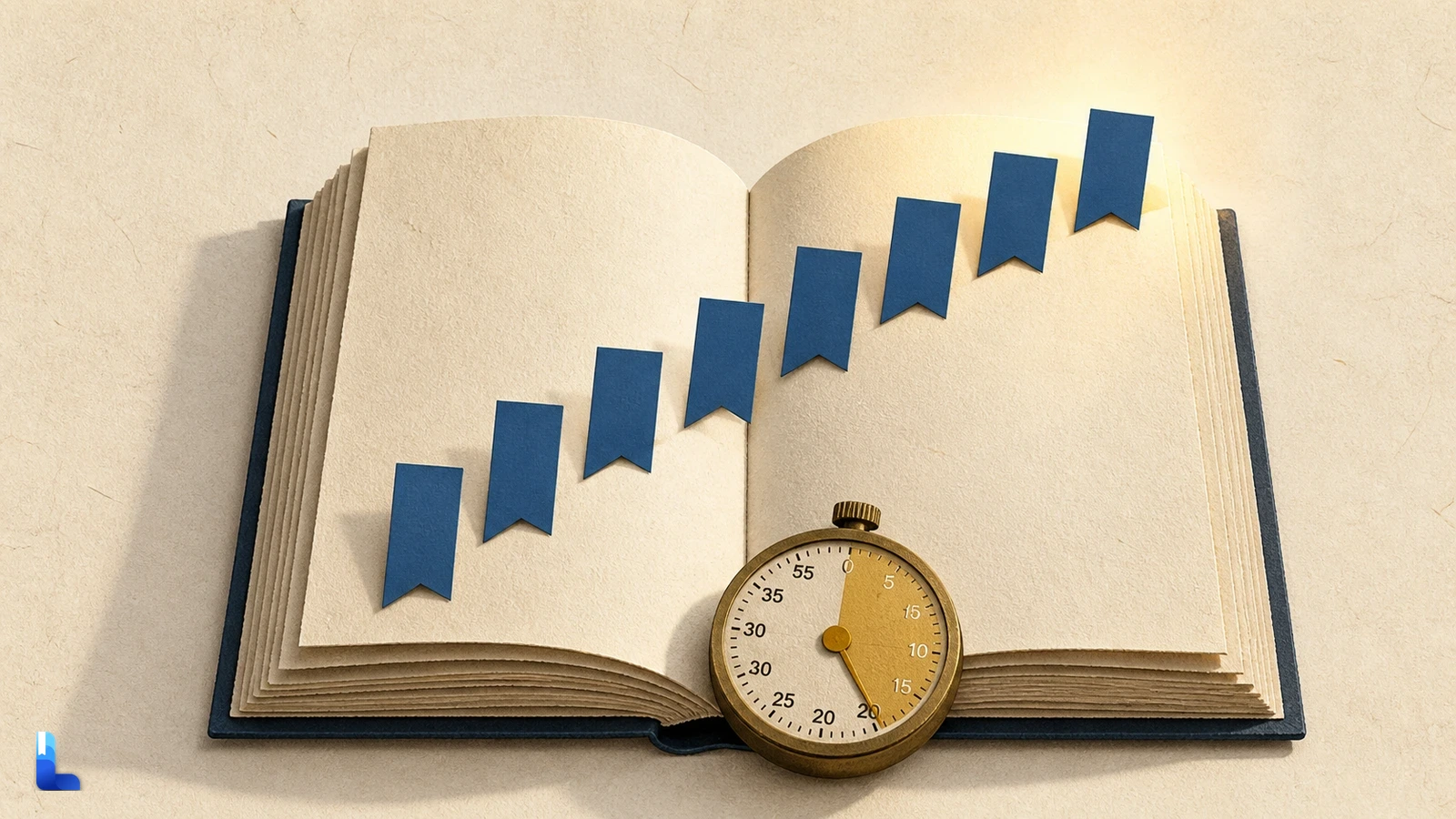 An open classic book with seven blue bookmarks forming a rising path beside a twenty minute timer