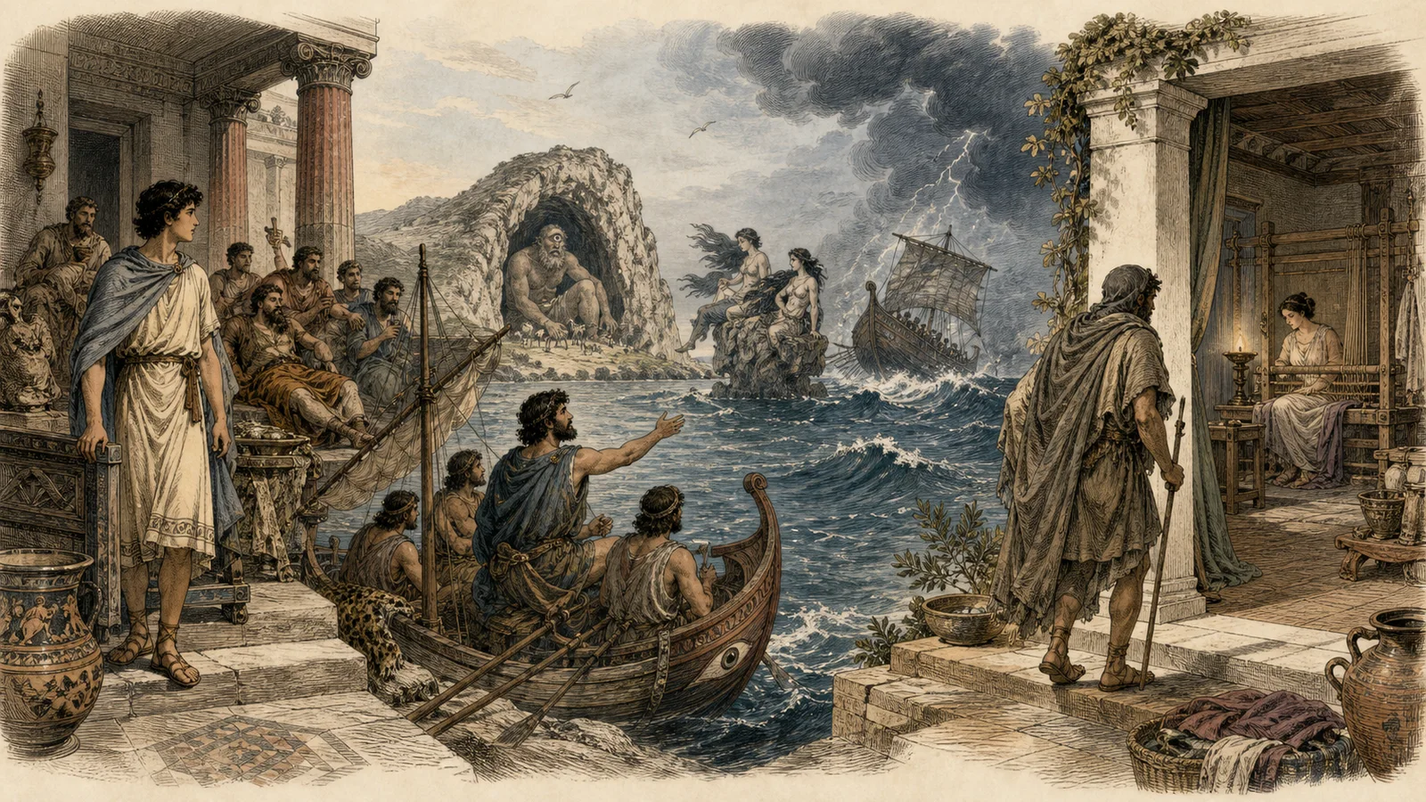 Telemachus among the suitors, Odysseus sailing past monsters, and the disguised wanderer returning to Penelope in one continuous engraving