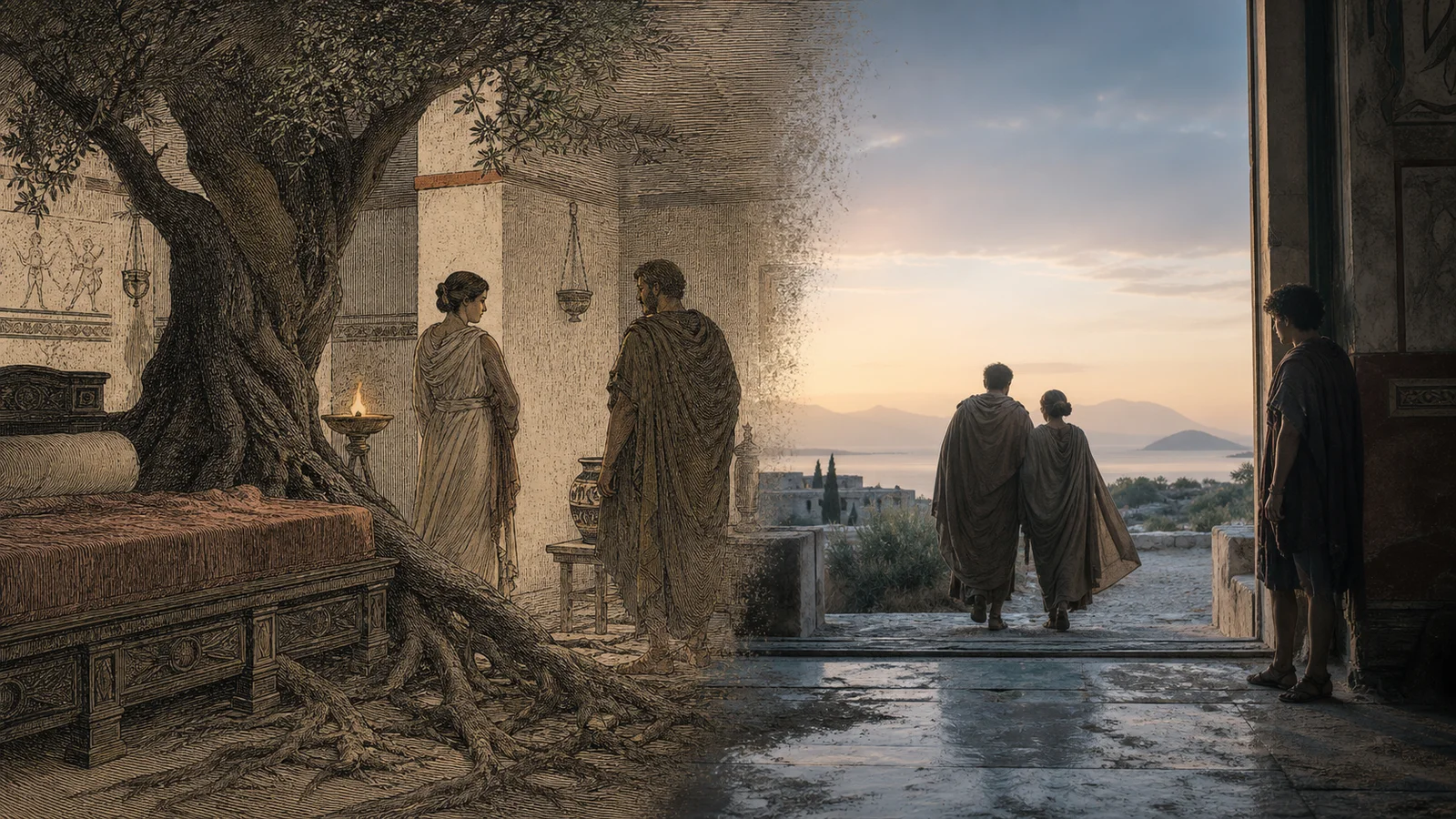 An engraved marriage bed built around an olive tree fading into a cinematic scene of a couple leaving Ithaca at dawn