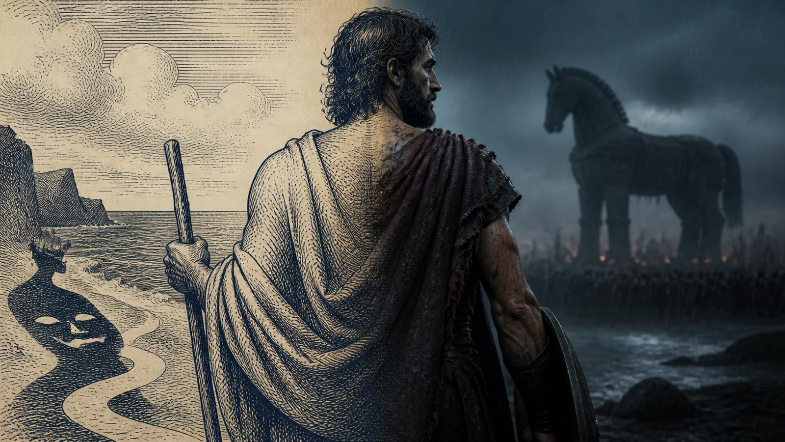 An anonymous Odysseus changing from an engraved storyteller into a warrior drenched with rain before the Trojan Horse
