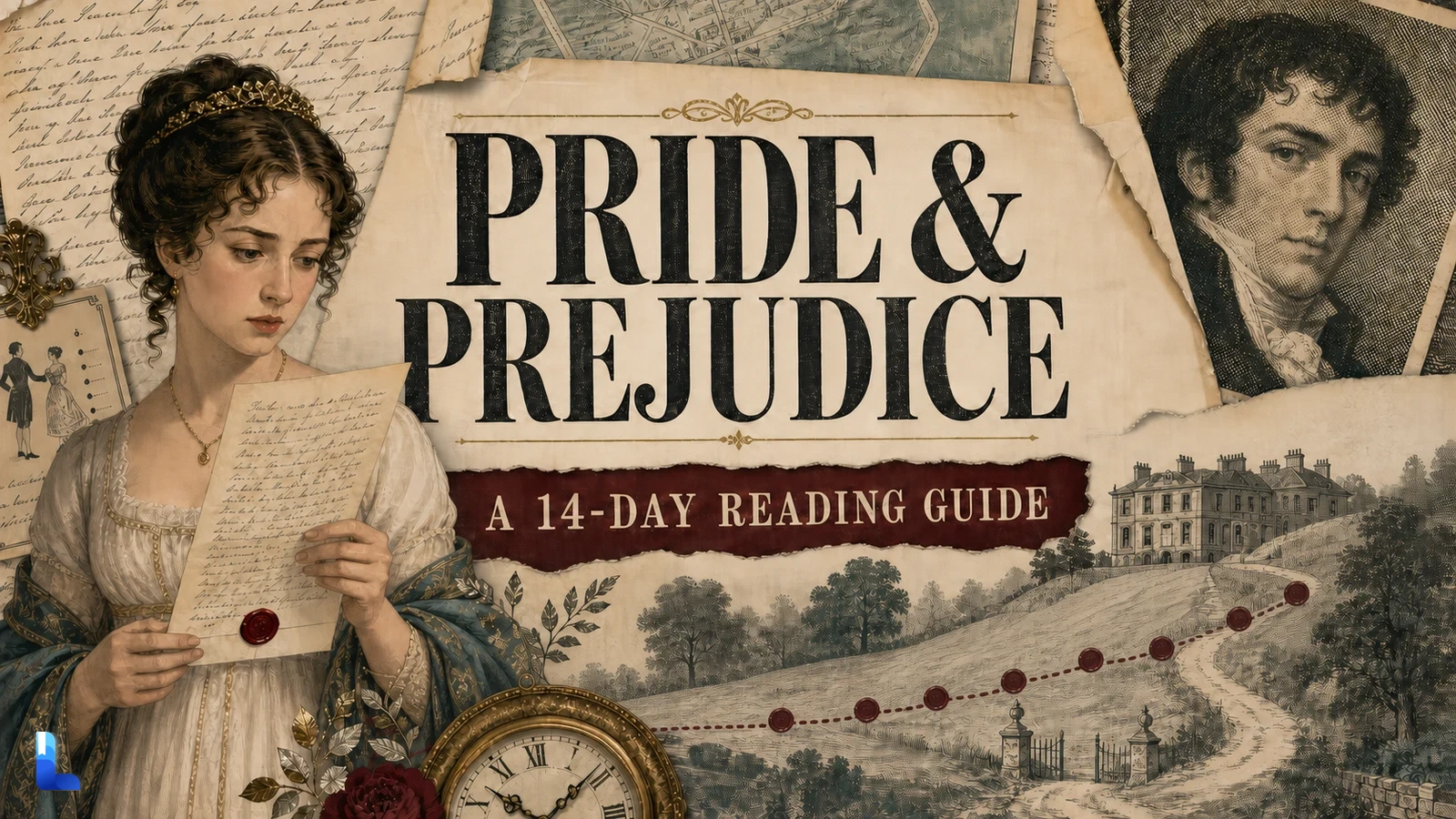 Editorial collage for a fourteen day Pride and Prejudice reading guide