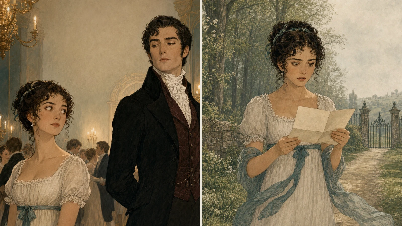 Elizabeth and Darcy exchanging a look at a ballroom beside Elizabeth reading Darcy's letter