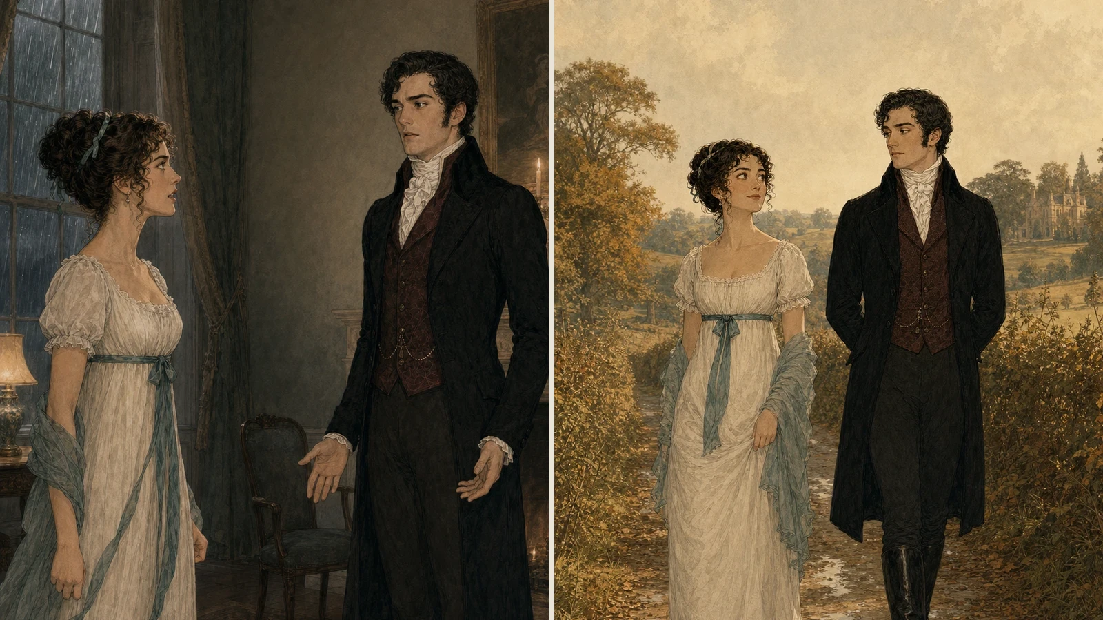 Elizabeth rejecting Darcy's first proposal beside the pair walking together later