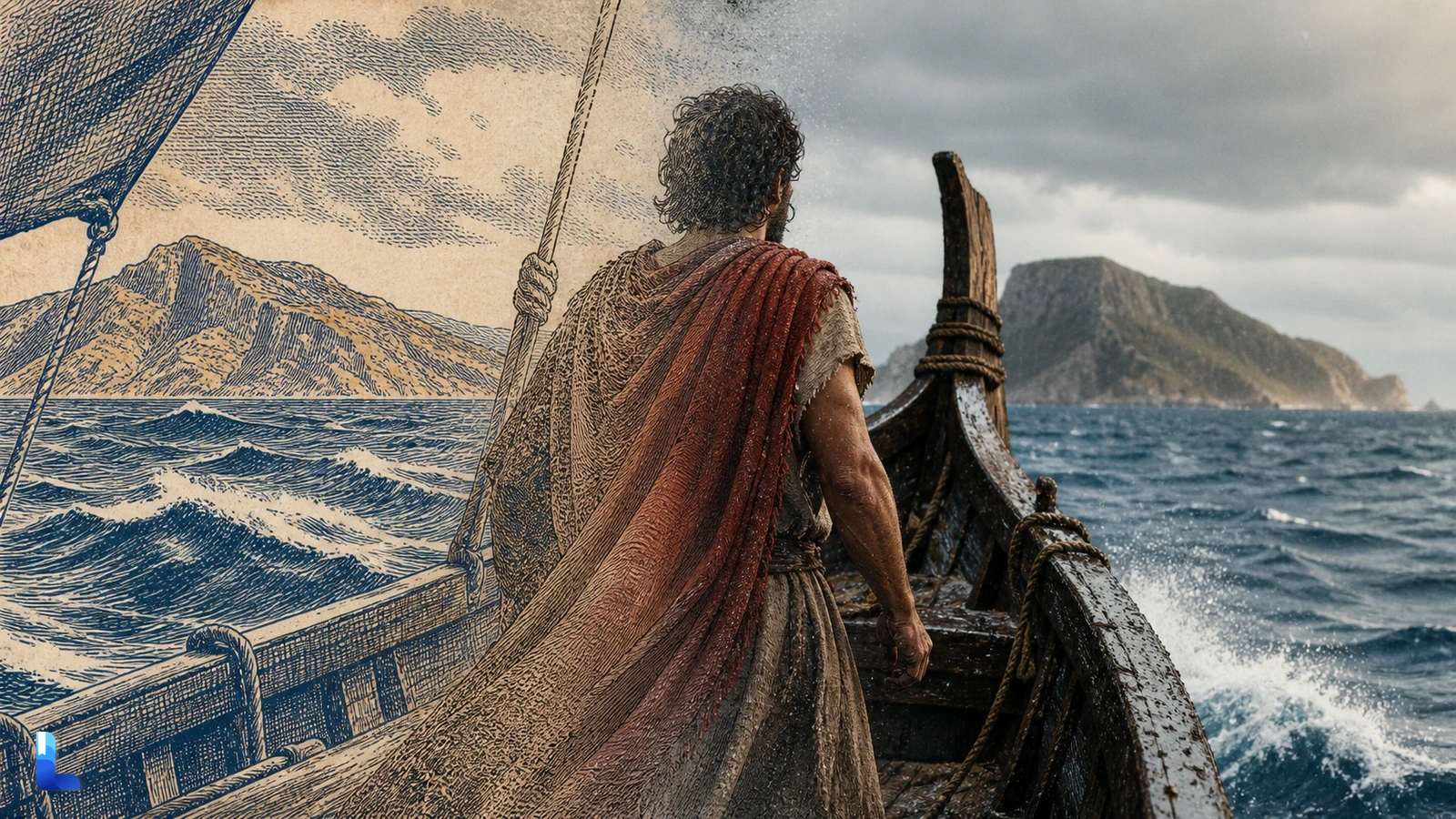 An ancient seafarer and wooden ship fading from a blue engraving into a cinematic sea scene