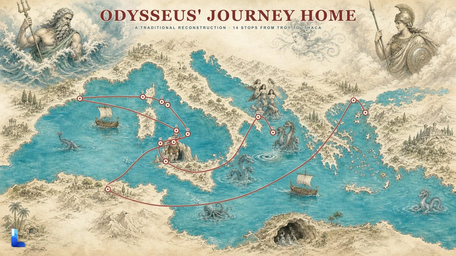 An illustrated mythological Mediterranean map with Poseidon, Athena, monsters, ships, and fourteen stops on Odysseus's route